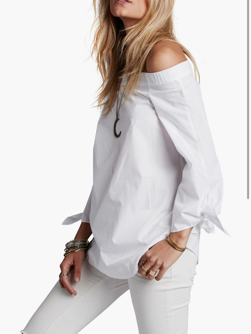Free People White Off-Shoulder Tie-Sleeve Blouse